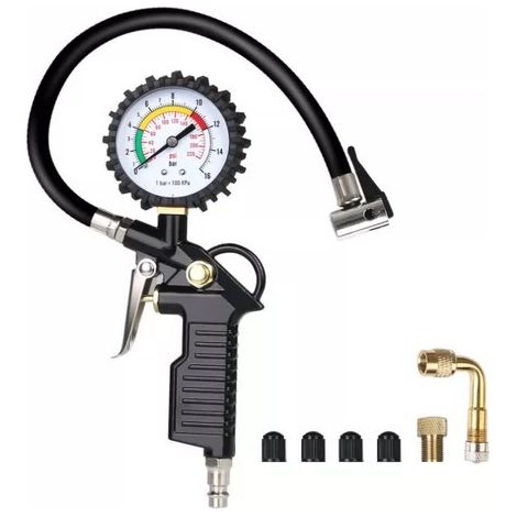 Manomètre de pression des pneus - Manomètre numérique, pistolet de gonflage avec 4 bouchons de valve et rallonge métallique (1/4)