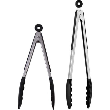 2pcs Pinces Cuisine Professionnel En Acier Inoxydable Et Silicone Alimentaire (Noir/ 30,5 & 23cm) (1/5)