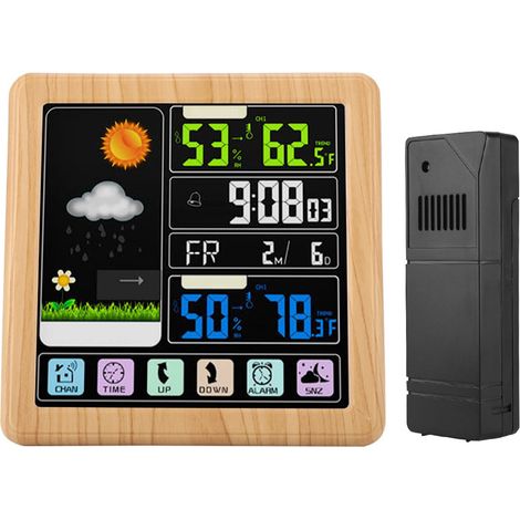 Stazione meteorologica wireless TS-3310 – Schermo LCD touchscreen a colori – Termometro interno/esterno – Igrometro – Previsioni – Sveglia – Legno
