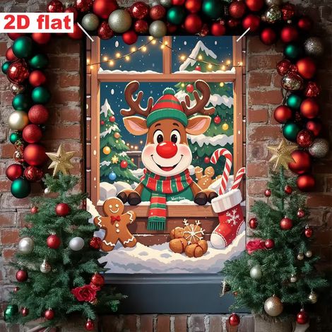 Décoration de fenêtre Père Noël, drapeau de fenêtre, banderole, décoration de fête, rideau de porte, largeur de porte de Noël - 80 x 120 cm (œillets + ruban) - 14