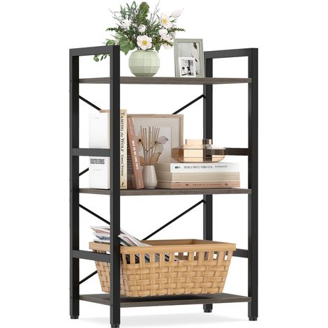 COSTWAY Libreria Scaffale Legno Salvaspazio Cucina Microonde Libreria A 3 Ripiani Media Componibile Terra Mobiletto Libreria Metallo Mobile Industriale Design (1/5)
