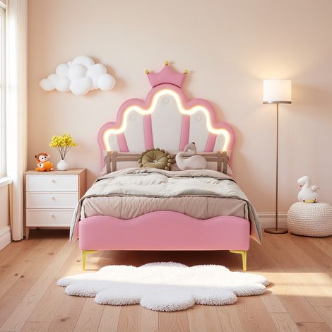 Lit simple enfant 90x200 – lit princesse, Tête de Lit Couronne avec LED Réglable, Sommier à Lattes, Design – Rose (1/5)
