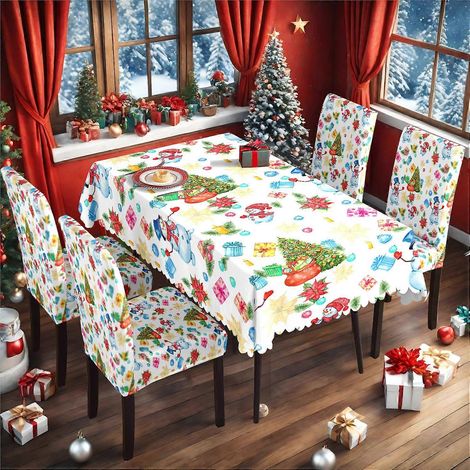 Ensemble de nappe et housse de chaise de Noël en soie de lait imperméable, imprimé, référence TC-231 (140 x 210 cm). (1/4)