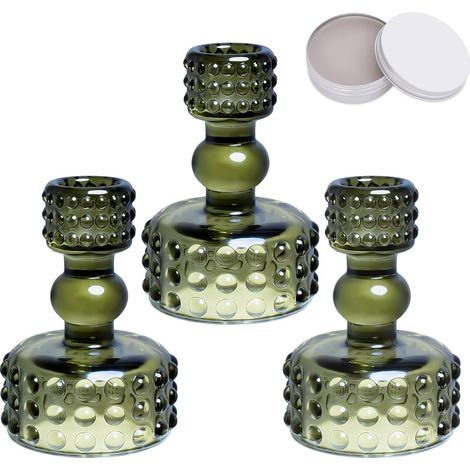 Lot de 3 Bougeoirs en Verre Réversibles Verts - Photophore et Support pour Bougie Conique/Chauffe-Plat avec Cire Adhésive (1/5)