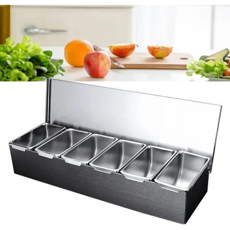 Station à garnitures détachable à 6 compartiments en acier inoxydable avec couvercle, distributeur de condiments pour pizza refroidi à la glace (1/5)