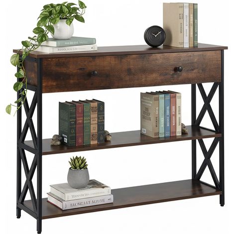Relaxdays Konsolentisch, Industrial, HBT: 80x100x30 cm, Metall, MDF, schmale Konsole mit Schublade, Flur, braun/schwarz