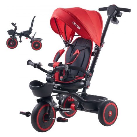 Dreirad für Kinder von 1 bis 5 Jahren, Laufrad mit Schubstange, Klappbarem Verdeck, Verstellbarem Sitz und Aufbewahrungskorb, Kinderdreirad als Geschenk für Jungen und Mädchen, Rot+Schwarz (1/5)