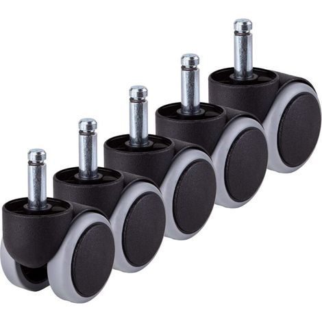 lot de 5 roulettes, tige 10mm, caoutchouc, pivotantes 360°, sols durs, bureau (1/5)