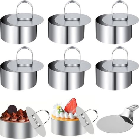 6 Pièce Cercle Patisserie, Petits Anneaux à Dessert, Anneaux à Dessert de 8 cm, Emporte-Pièces Ronds avec Poussoir, avec 1 Pelle pour La Fabrication de Gâteaux en Mousse, Pudding et Biscuits (1/5)