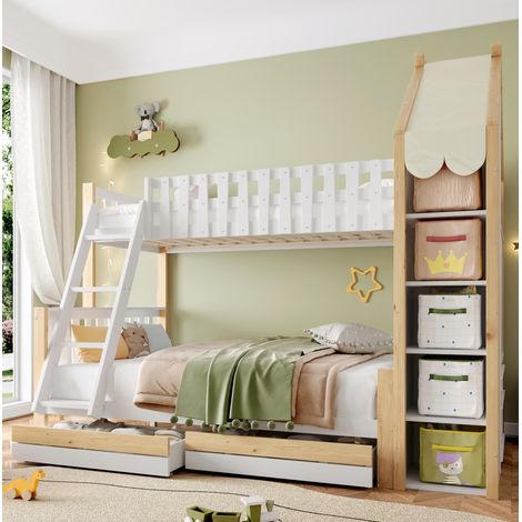 Litera infantil de madera de pino blanco y natural 90x200/140x200 cm con almacenaje y cajones (1/5)