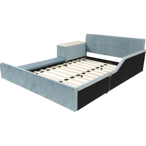 Lit enfant rembourré avec bureau latéral et tabouret, velours bleu, 140 x 200 cm (1/5)