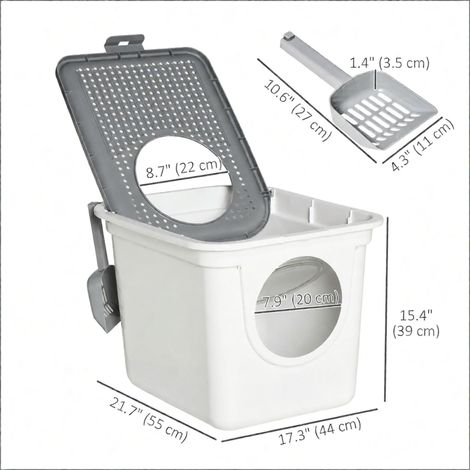 Bac à litière blanc fermé pour chat, facile à nettoyer, entrée frontale, sortie par le haut, pelle à litière (1/5)