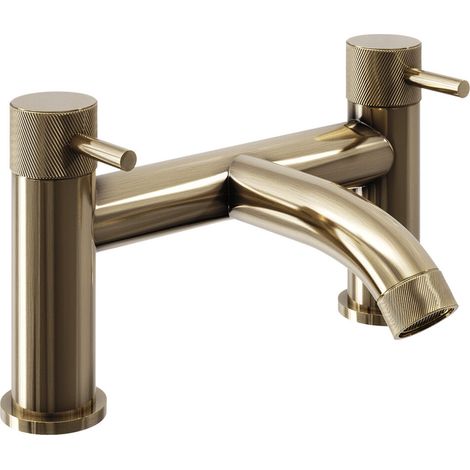 Round Deck Mounted Bath Filler Tap with Industrial Style Detailing - Brushed Brass