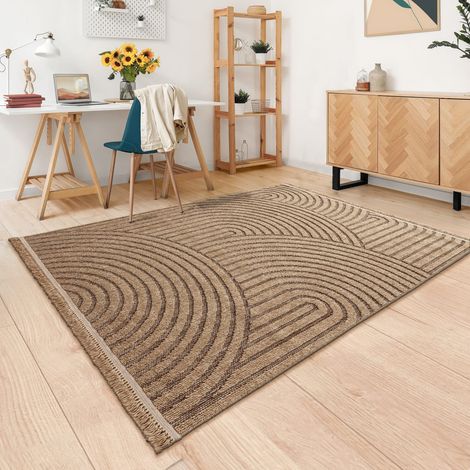 In-& Outdoor Teppich Wohnzimmer Wetterfest Balkon Boho Geo Motiv 3D Fransen 80 cm x 150 cm x 11 mm Beige Rechteckig (1/5)