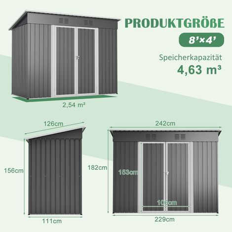 Casa de herramientas de metal con techo a dos aguas de 8x4 pies, cobertizo de jardín para herramientas de jardín con puerta con cerradura y 2 rejillas de ventilación, gris para terraza, patio y jardín (1/5)