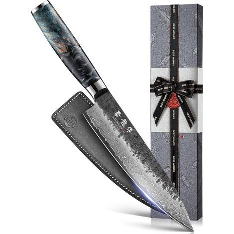 Japanese Chef's Knife, 20cm 67 Layer Japanese Damascus Knife with VG10 Steel Core, Ultra Sharp Hand Forged Kitchen Knife, Stabilized Wood Handle and Resin (1/5)