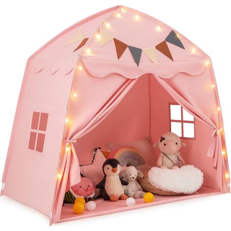 COSTWAY Tente de Jeux Enfant avec Guirlandes Lumineuses & Drapeaux, Cabane Enfant Interieure avec Fenêtres & Tissu Lavable, Style Princesse pour 3 Enfants de 3-12 Ans, 157x98x148cm (Rose) (1/5)