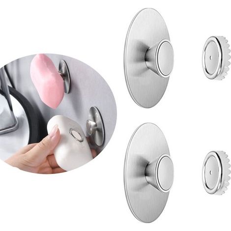 Jabonera magnética, Jabonera magnética de acero inoxidable, Soporte de pared de acero inoxidable, No requiere perforación, 2 piezas, Plateado (1/5)