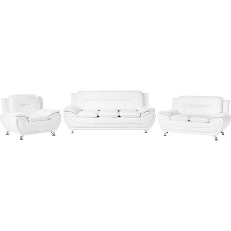 6 Seater Sofa Set White Vegan Eco Leather Sofa Couch Armchair Silver Metal Legs Easy Clean Modern Glam Style Living Room LEIRA