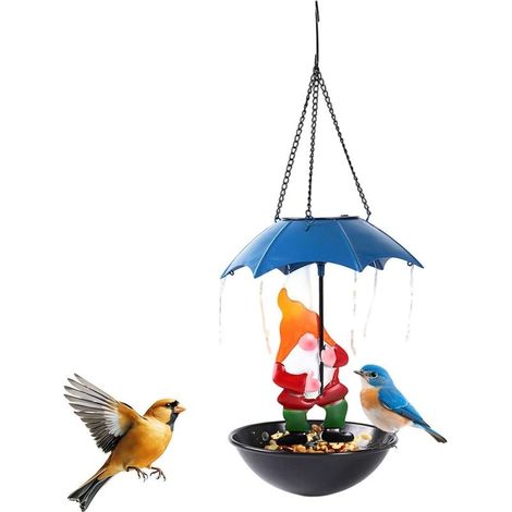 Mangeoire pour oiseaux avec décoration de jardin « nain » et éclairage solaire – Décoration d'extérieur pour jardin, allée, cour, ferme, pelouse, balcon, fenêtre, mur ou arbre. (1/5)