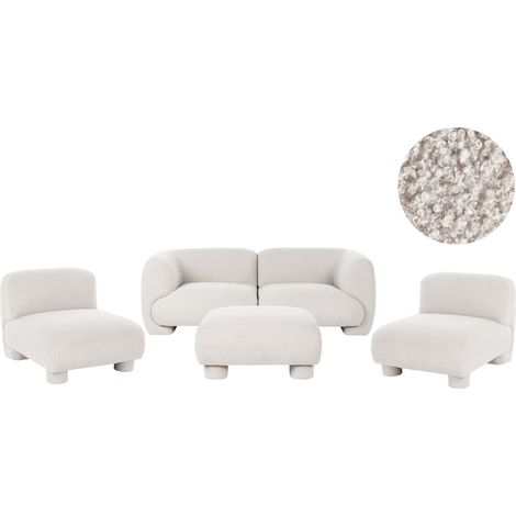 Conjunto de sala de estar 4 plazas con otomana modular de perfil bajo curvo estilo orgánico blanco crema Mjalbi