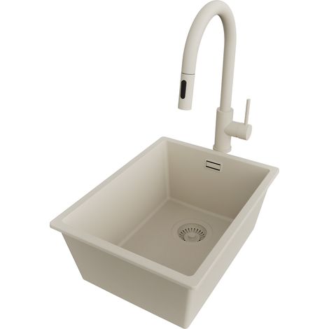 PRIMAGRAN Evier Sous Plan 36x47cm,Evier en Granit 1 bac + Robinet 40x20cm + Kit de Vidage, Évier au meuble 40cm - London, Beige (1/5)