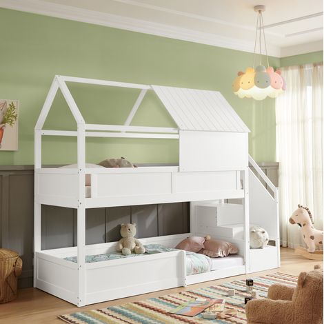 Cama litera infantil de madera blanca 80 x 200 cm con tejado, barandillas y escalera OKWISH (1/5)
