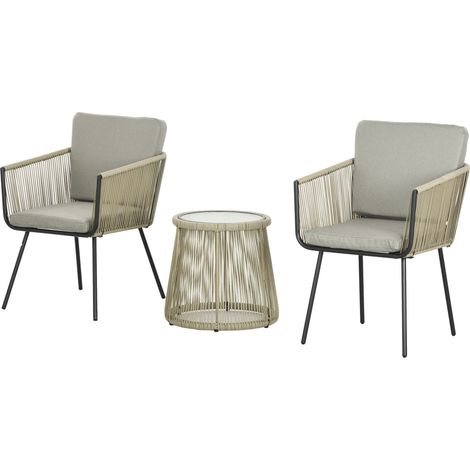 Set da esterno tavolino vetro 2 sedie giardino rotin boho caffè 70x70x72 cm