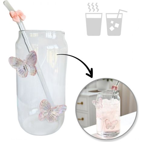 Hohes Glas mit Strohhalm, rosa BUTTERFLIES 500 ml, 1 Stück - SZK163