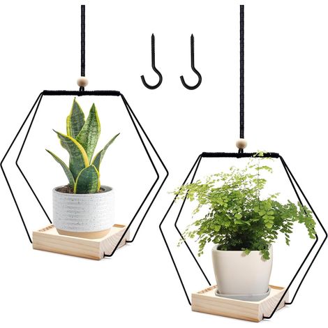 CCYKXA 2-Piece Indoor Plant Hanger Set, Hanging Plant Pot, Metal Ring with Wooden Base, Hook Included for Indoor, Balcony and Garden Use (1/5)