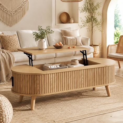 Mesa de centro elevable 120x50x39,5 cm en MDF color natural, con almacenaje para salón FloraGrace (1/5)