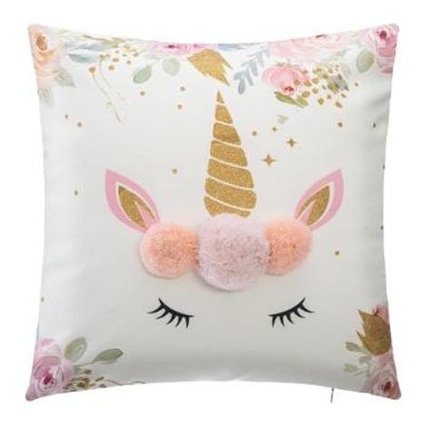 Atmosphera – Coussin décoratif déhoussable licorne 40 x 40 cm – Polyester 100% – Housse avec zip – Pompons et paillettes dorées (1/10)