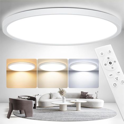 LED Plafonnier Dimmable avec Télécommande, 24W Ø30CM 2400LM Plafonnier Plat Rond, 3000K-6500K, IP54 Etanche Lampe de Chambre Ultra Fine pour Salon Chambre Enfants Cuisine Salle de Bains (30CM) (1/5)