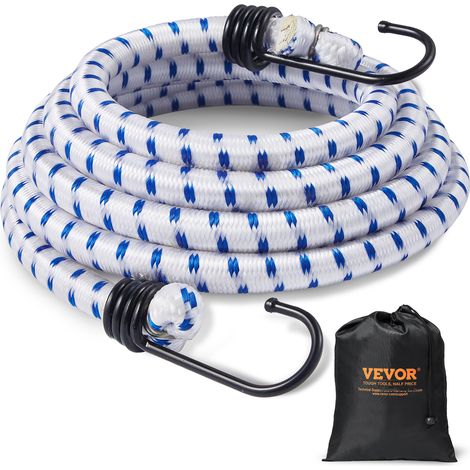 VEVOR 6 Piece Bungee Cords with A3 Steel Hooks, 72 Inch Heavy Duty Bungee Straps, 12 mm Elastic Bungee Ropes Set for Camping, Tarps, Motorcycle, Truck and Tent, White with Blue Stripes (1/5)