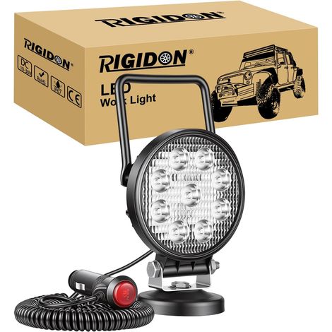 1x 10 cm 4 pouces 27W rond lampe de travail portable allume-cigare feux de travail aimanté, base magnétique, 12V 24V, câble de 5 mètres, phare, spot, pour offroad Voiture camions ATV SUV 4x4