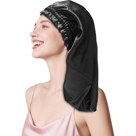 Seiden-Nachthaube – 1 Stück – 22 Momme Maulbeerseide – Rutschfest und atmungsaktiv – Für langes und lockiges Haar – Schwarz, 58 cm (1/5)