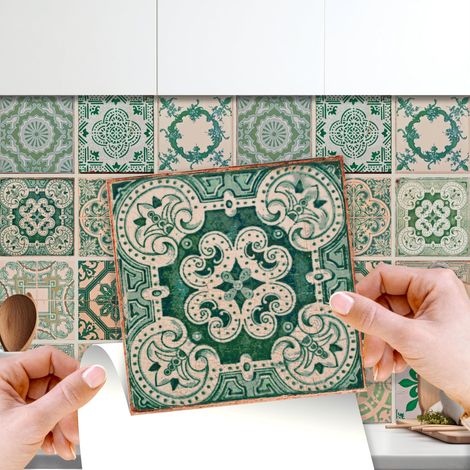 Stickers Carrelage Credence Adhesive Pour Cuisine Stickers Muraux Auto-Adhésif Résistant à l'huile Imperméable à l'eau Réutilisable Amovible Maison Vintage Green Antique Azulejo 24pcs 15cm(6") (1/5)