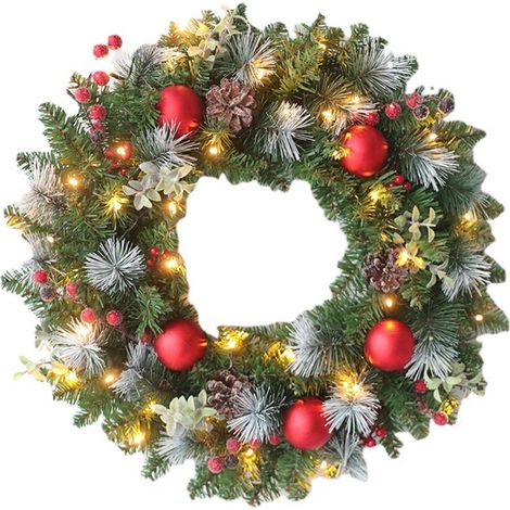 MINKUROW Künstliche rote Beeren-Kugelgirlande mit 20 LED-Lichtreben, Kieferngirlanden für Weihnachts-Willkommensschild, Wand, Haustür, Zaun, Tür, hängende Dekoration (1/5)