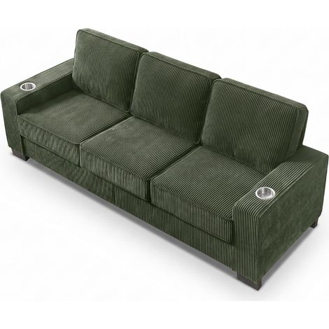 FurnitureR Grünes 3-Sitzer Cordsofa mit Getränkehaltern und Federung, 206 cm breites Cordsofa mit zwei Getränkehaltern sowie gepolsterten Sitzen aus Schaumstoff und Federn. (1/5)