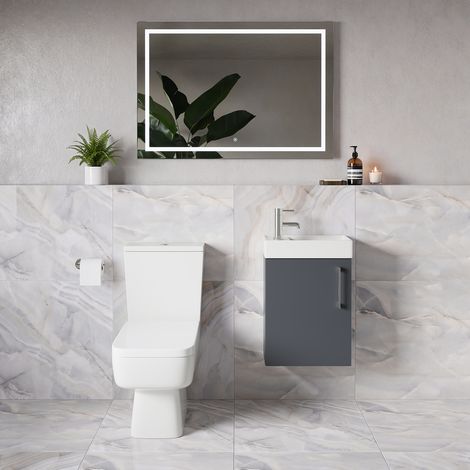 Napoli Cube Gloss Grey 400mm Single Door Wall Mounted Vanity Unit and Toilet Suite with Align Basin - 400mm - Chrome 160mm Handle