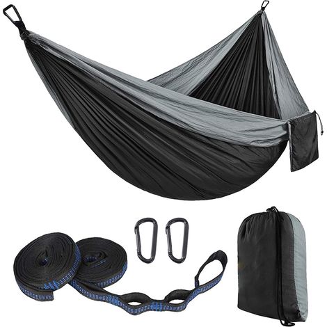 Hamac de camping – capacité de charge de 150 kg, une personne, léger, portable, rapide à installer, en nylon respirant, livré avec 2 sangles pour arbres – parfait pour le camping et la randonnée en pl (1/5)