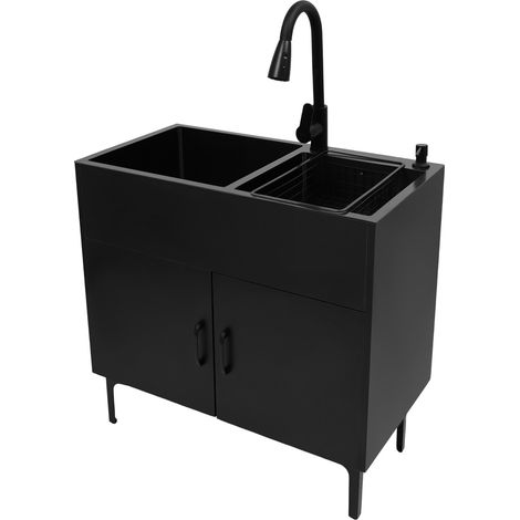 Fregadero con mueble, 81 x 43 cm, compuesto por un fregadero de doble cubeta con mueble y un grifo con ducha extraíble, de acero inoxidable, adecuado para lavaderos, trasteros y cocinas (1/5)