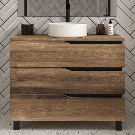 Meuble de salle de bain 90cm avec plateau et vasque à poser - 3 tiroirs - sans miroir - tabaco (chêne foncé) - MATA (1/4)