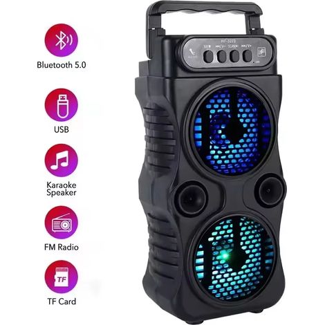 (Noir) Enceinte sans fil, deux caissons de basses stéréo de 7,6 cm, radio FM, compatible avec les cartes TF/USB (1/5)