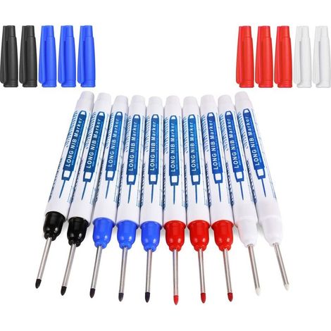 Tieflochmarker, 10 Stück Zimmermannsmarker, Permanentmarker mit 30 mm langer Spitze, Präzisions-Baumarker (Schwarz, Blau, Rot und Weiß)
