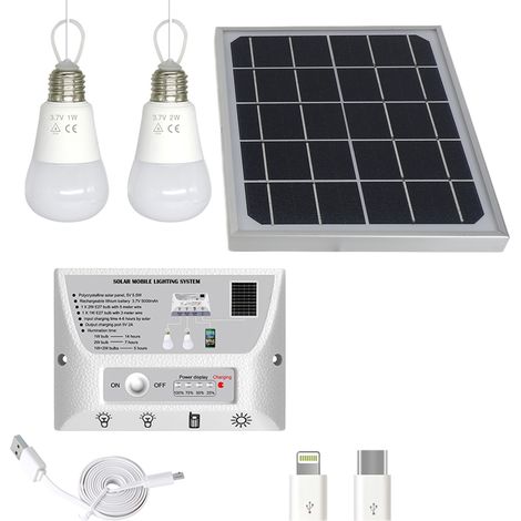 Système d'éclairage solaire portable Lampe extérieure résistante à l'eau avec panneau de 5,5 W 1W et 2W Bulbes à LED pour le camping sur la cour de patio