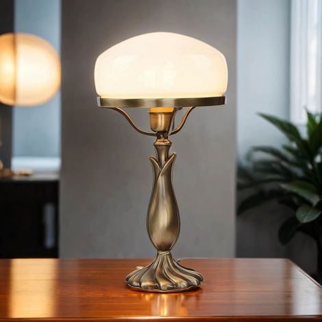 Jugendstil Tischlampe Pilzleuchte aus Messing Glas Weiß