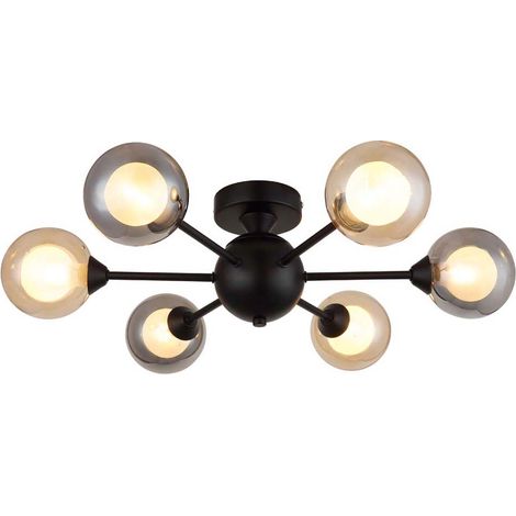 Plafonnier, lampe de plafond, lampe de salon, métal, noir mat, globes en verre, diamètre 55 cm