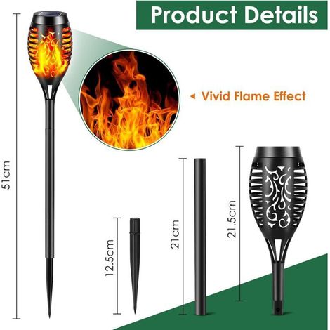 Lampes solaires d'extérieur à flamme, 4 torches solaires à 12 LED pour jardin, étanches IP65, avec flamme réaliste pour décoration, jardin, terrasse, allée, cour (1/3)