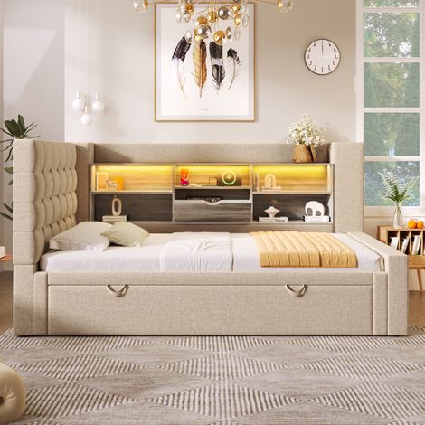 Cama tapizada 90x200 cm beige en lino y metal, con cama nido, LED, USB y cabecero en L